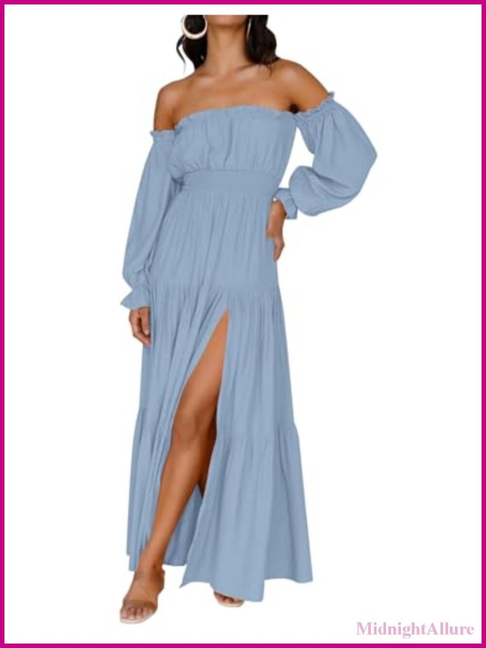 Off Shoulder Long Sleeve Maxi Dress High Split Ruffle Hem Casual